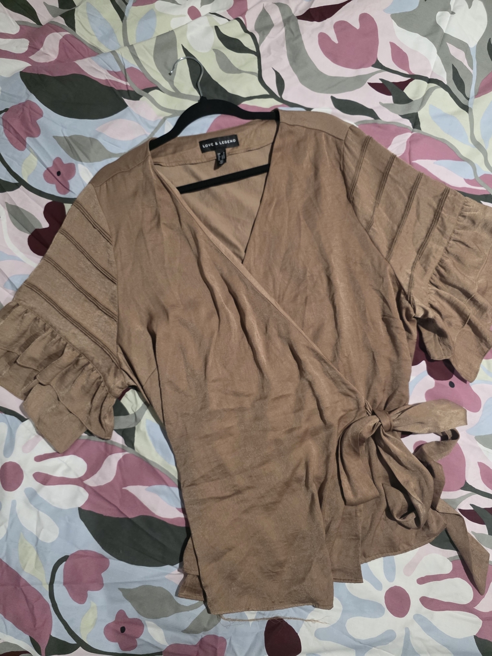 Love & Legend Gold Tie-Waist Wrap Top With Ruffled Sleeves